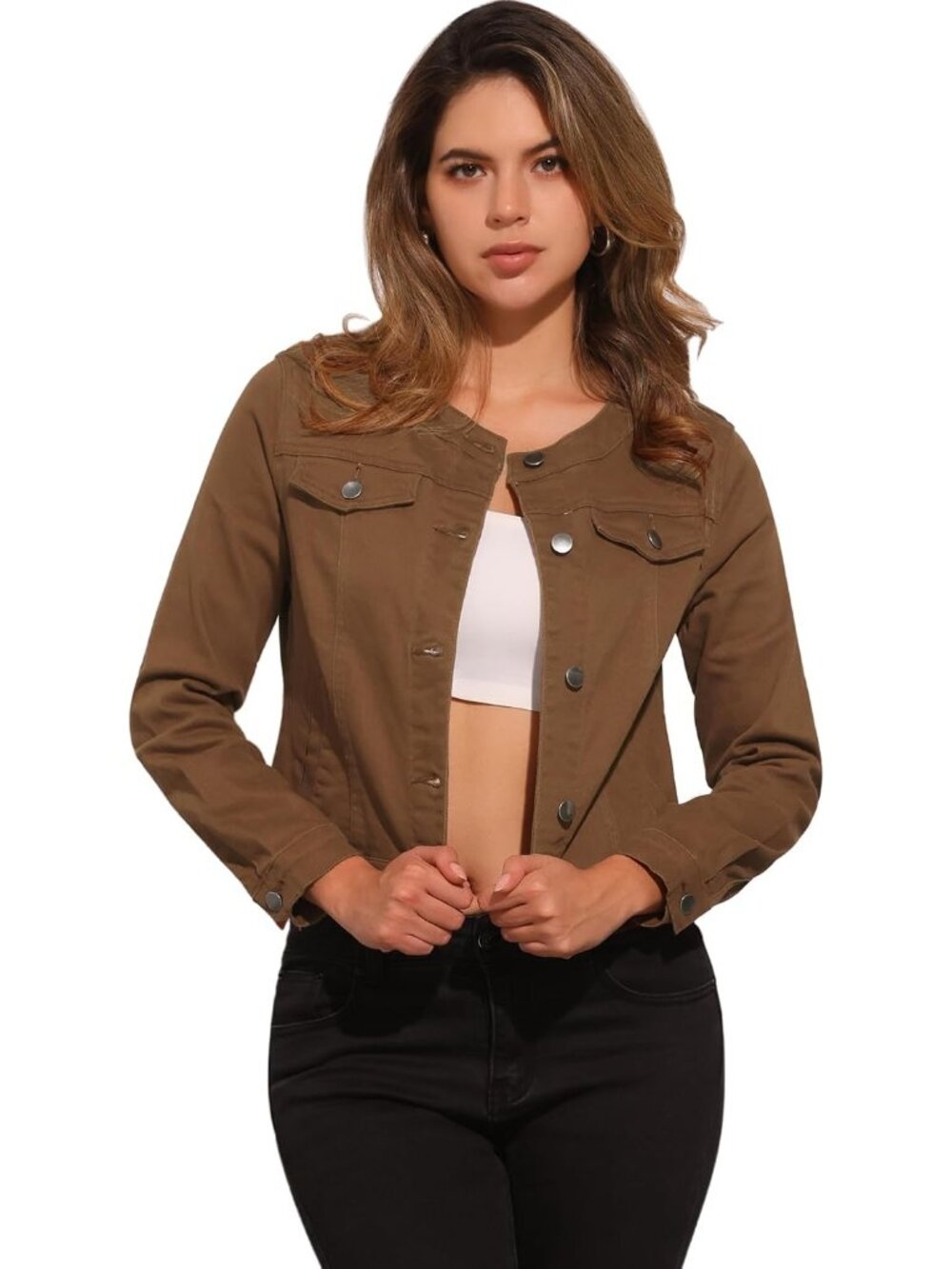 Women's Brown Denim Jacket Collarless Round Neck Jean Long Sleeve Jackets